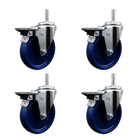 Service Caster 5 Inch Solid Polyurethane Wheel Swivel 34 Inch Threaded Stem Caster Set with Brake SCC SCC-TS20S514-SPUS-PLB-34212-4